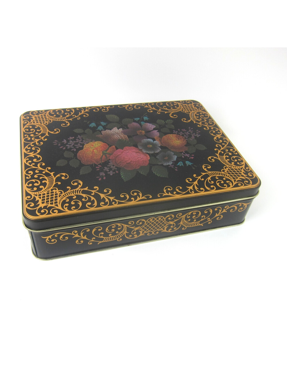 Vintage Metal Tin Floral Black & Gold Scrollwork 9x7" Rectangle Made in USA
